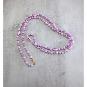 Vintage Beaded Necklace 50" Pink Purple Pastel Faceted Hong Kong Fold Over Clasp